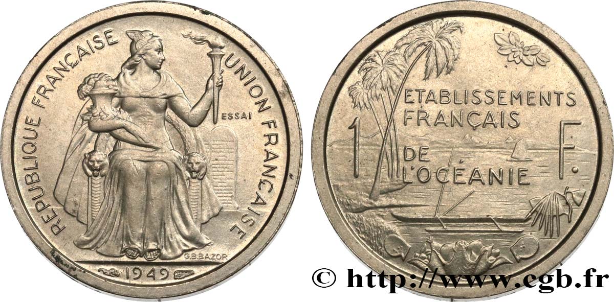 FRANZÖSISCHE POLYNESIA - Franzözische Ozeanien Essai de 1 Franc Établissements français de l’Océanie 1949 Paris fST 