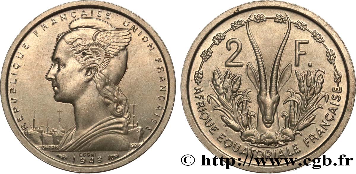 AFRIQUE ÉQUATORIALE FRANÇAISE - UNION FRANÇAISE Essai de 2 Francs 1948 Paris SPL 