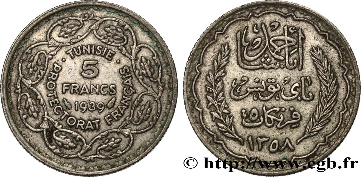 TUNISIA - Protettorato Francese 5 Francs AH 1358 1939 Paris q.SPL 