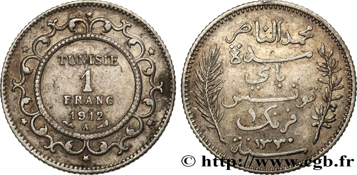 TUNESIEN - Französische Protektorate  1 Franc AH 1330 1912 Paris SS 