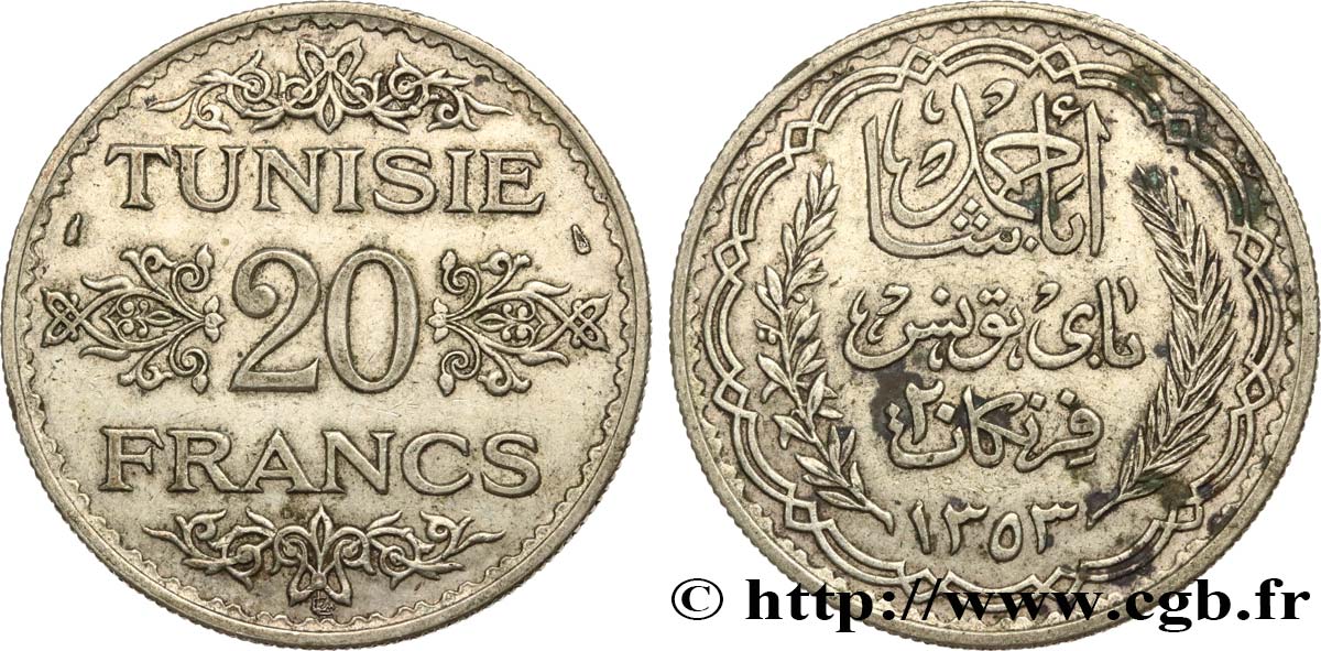 TUNEZ - Protectorado Frances 20 Francs au nom du  Bey Ahmed an 1353 1934 Paris MBC 