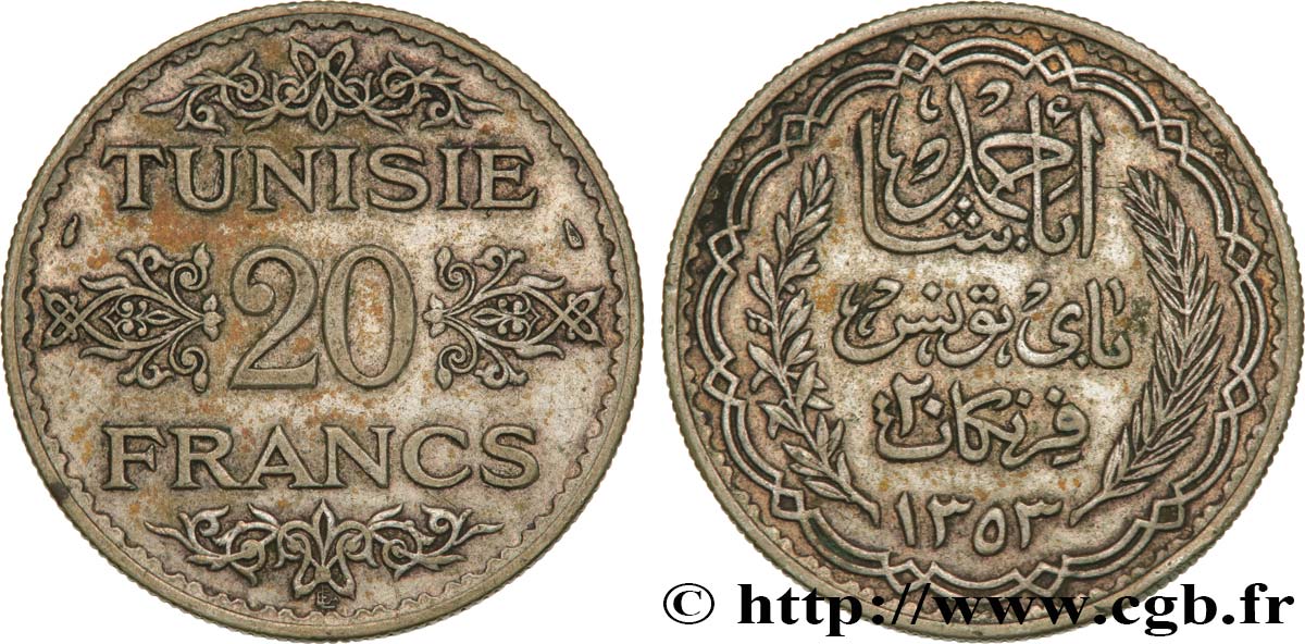 TUNESIEN - Französische Protektorate  20 Francs au nom du  Bey Ahmed an 1353 1934 Paris SS 