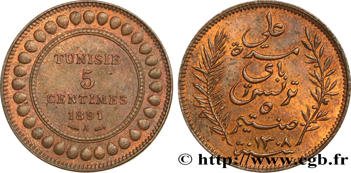 TUNISIA - French protectorate 5 Centimes AH1308 1891  AU 