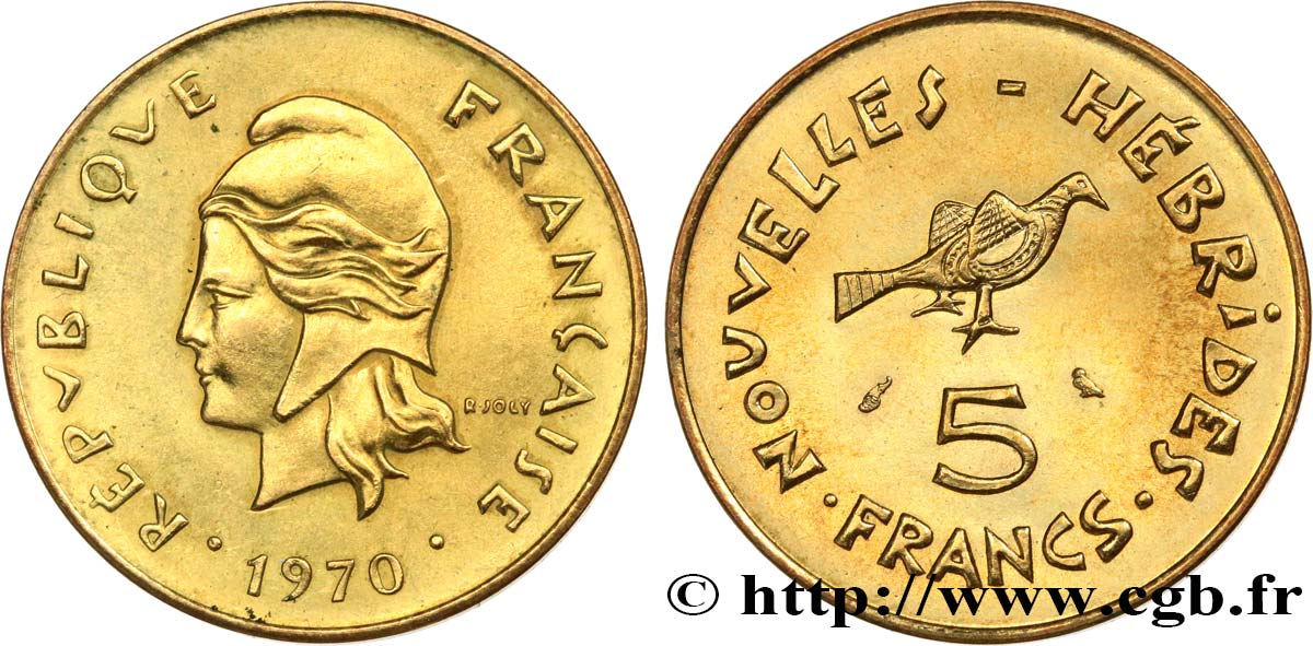 NEUE HEBRIDEN (VANUATU ab 1980) 5 Francs Marianne / oiseau 1970 Paris VZ 