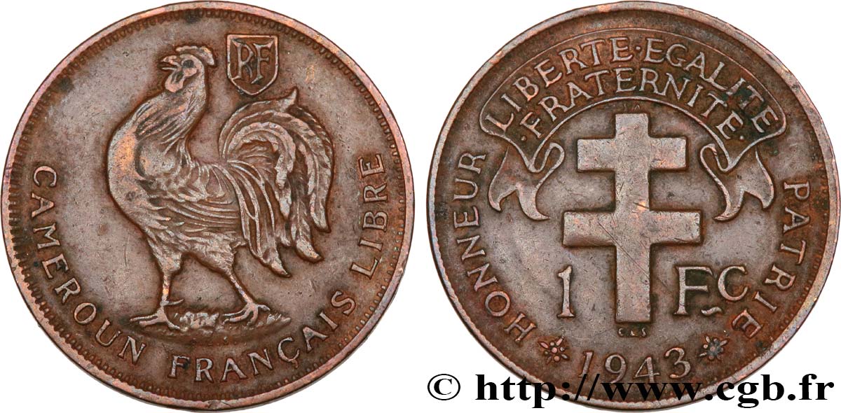 CAMEROON - TERRITORIES UNDER FRENCH MANDATE 1 Franc ‘Cameroun Français Libre’ 1943 Prétoria AU 