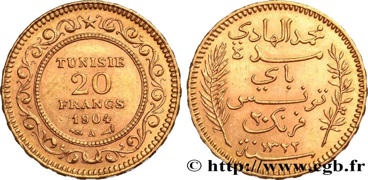INVESTMENT GOLD 20 Francs or Bey Mohamed El Hadi AH 1321 1904 Paris MBC+ 