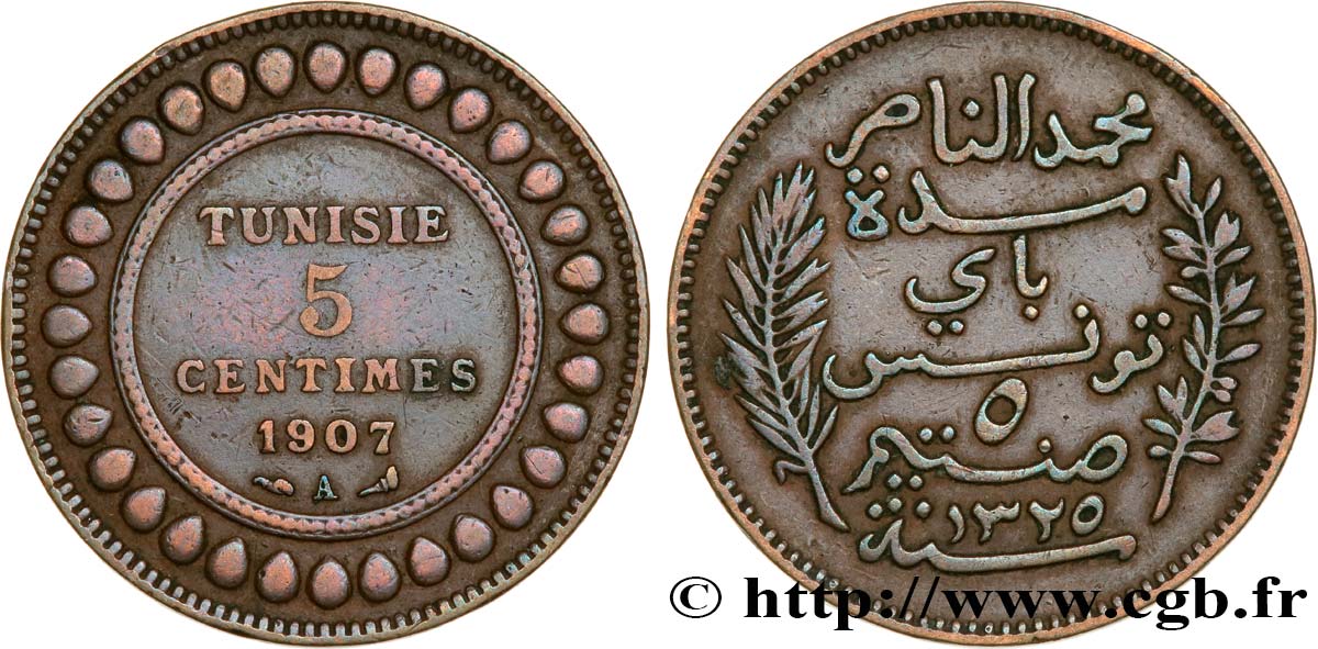 TUNEZ - Protectorado Frances 5 Centimes AH1325 1907 Paris BC+ 