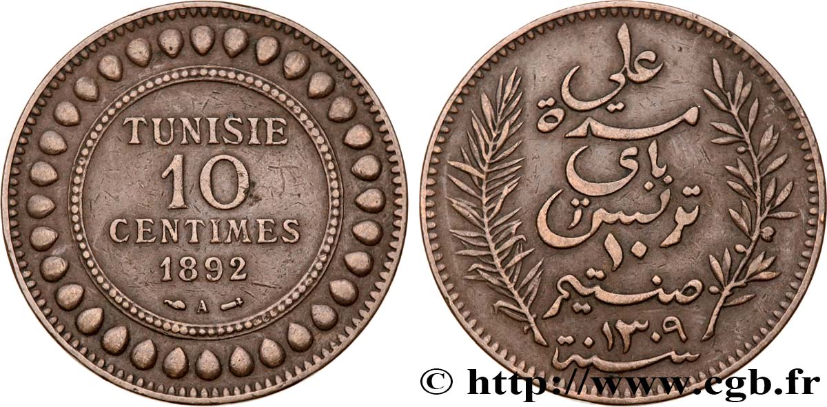 TUNISIE - PROTECTORAT FRANÇAIS 10 Centimes AH1309 1892 Paris TTB 