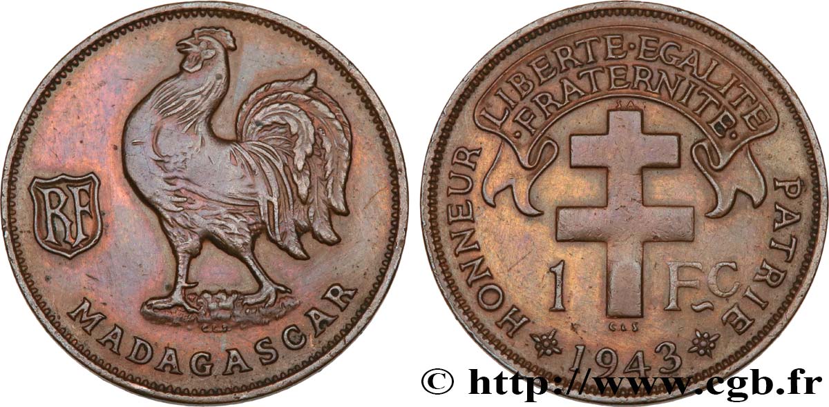 ÎLE DE MADAGASCAR - France Libre 1 Franc 1943 Prétoria TTB+ 