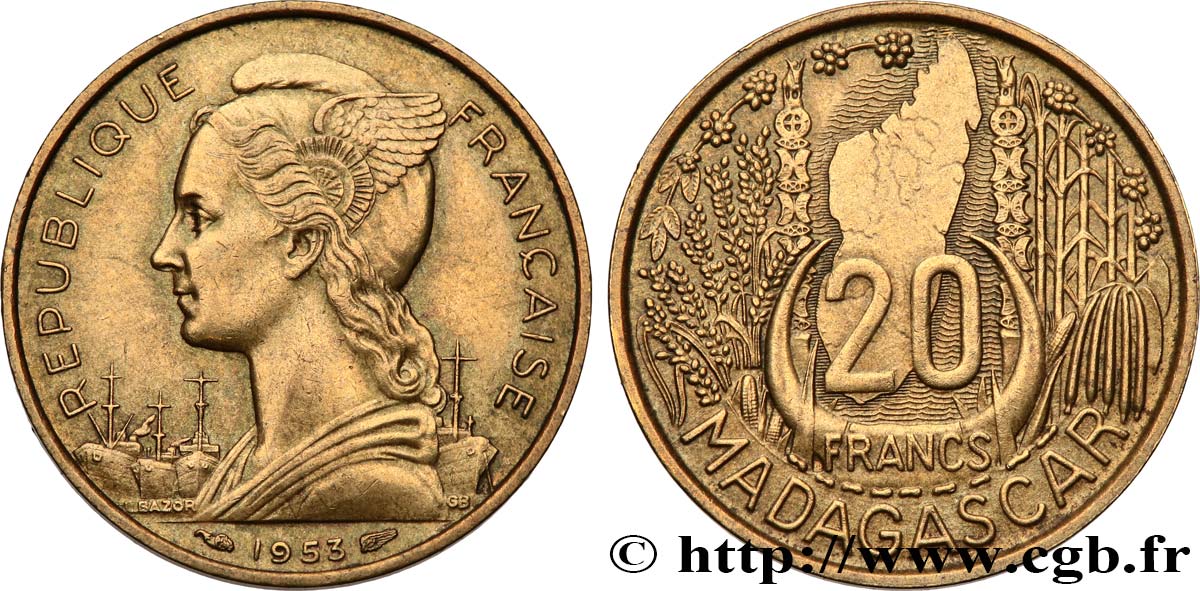 MADAGASCAR - UNION FRANCESE 20 Francs 1953 Paris SPL 