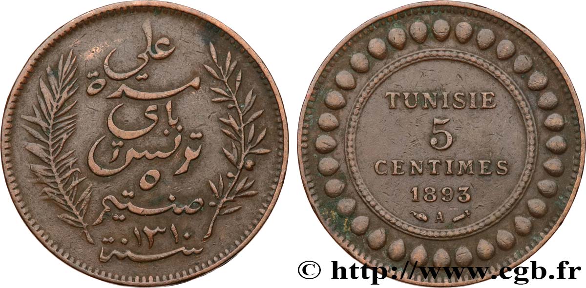 TUNISIE - PROTECTORAT FRANÇAIS 5 Centimes AH1310 1893 Paris TTB 