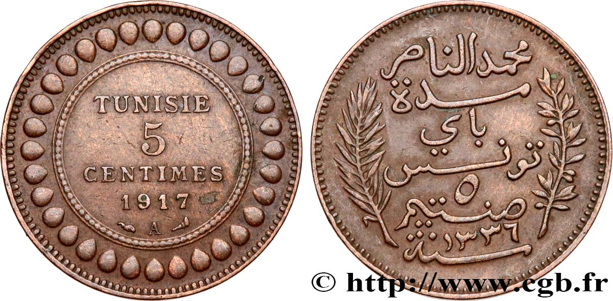 TUNESIEN - Französische Protektorate  5 Centimes AH1336 1917 Paris SS 