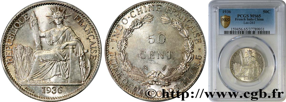 INDOCHINE FRANÇAISE 50 Centièmes 1936 Paris FDC65 PCGS