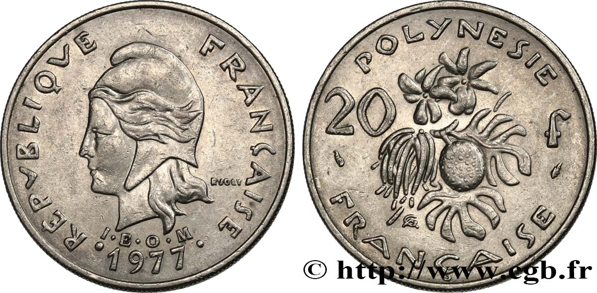 FRENCH POLYNESIA 20 Francs I.E.O.M Marianne  1977 Paris AU 