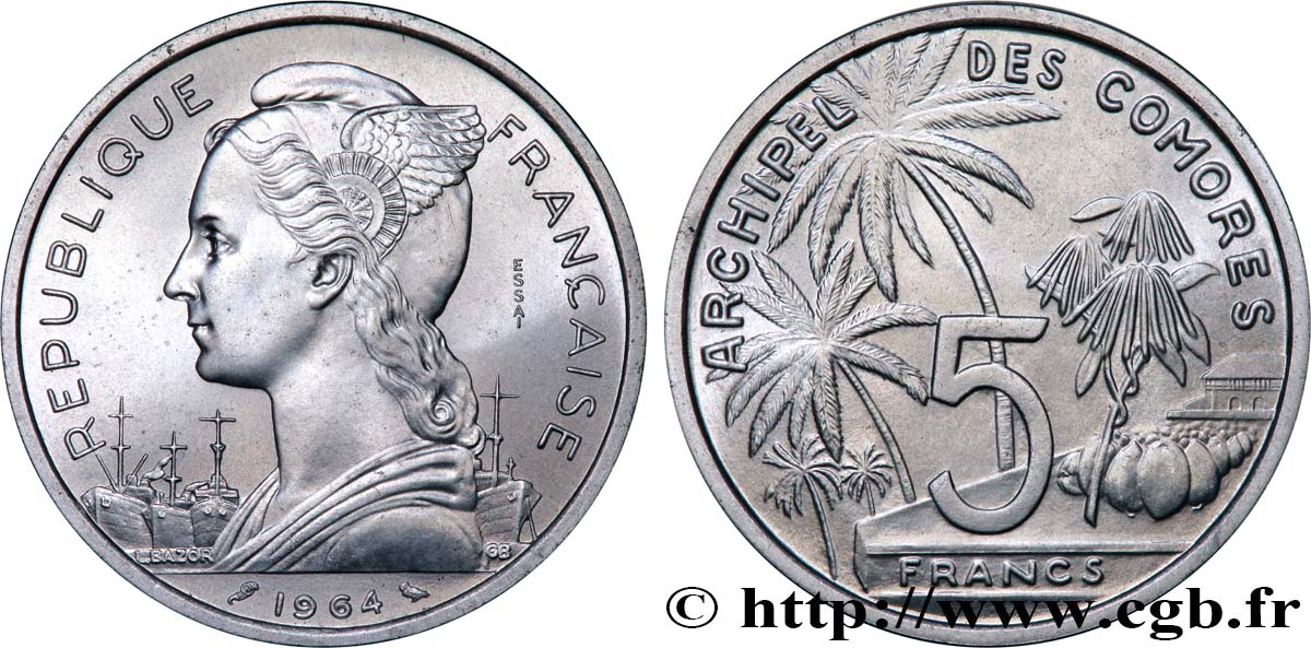COMOROS  Essai de 5 Francs 1964 Paris MS 
