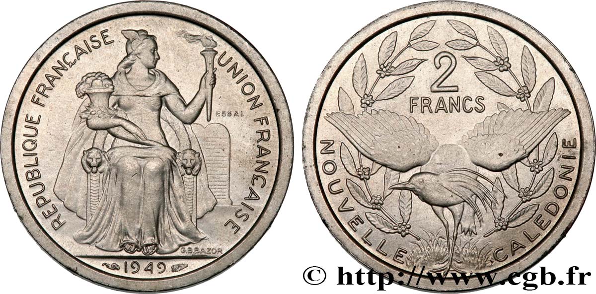NUEVA CALEDONIA Essai de 2 Francs 1949 Paris SC 