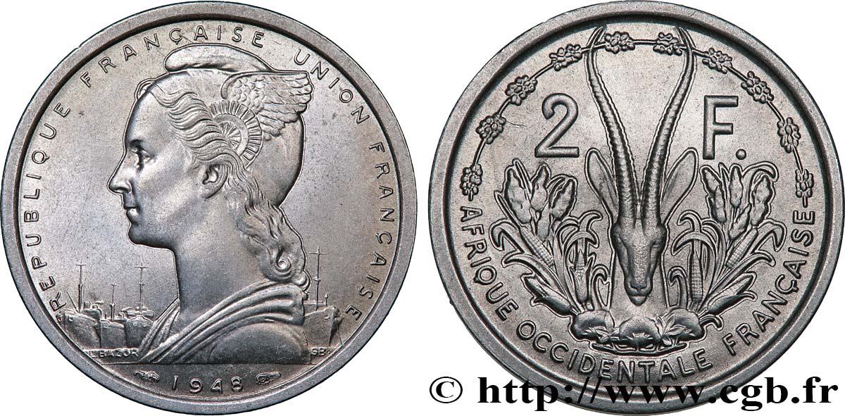 AFRICA FRANCESA DEL OESTE - UNIóN FRANCESA 2 Francs 1948 Paris SC 