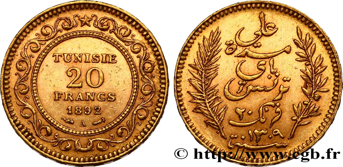 INVESTMENT GOLD 20 Francs or Bey Ali AH1310 1892 Paris MBC+ 