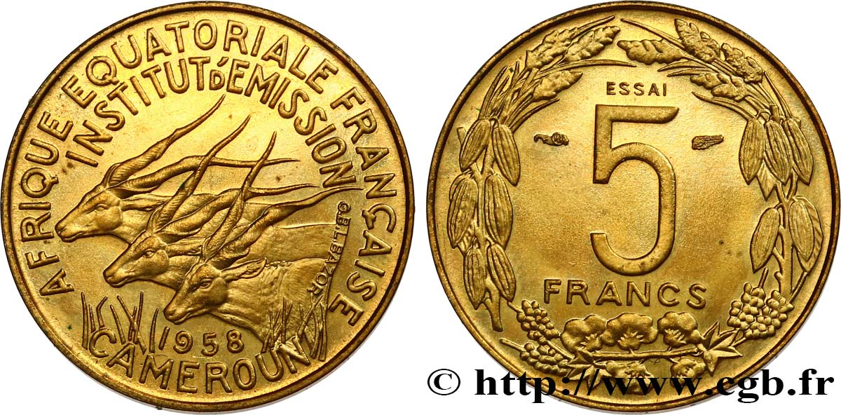 AFRIQUE ÉQUATORIALE FRANÇAISE - CAMEROUN Essai de 5 Francs 1958 Paris SPL 