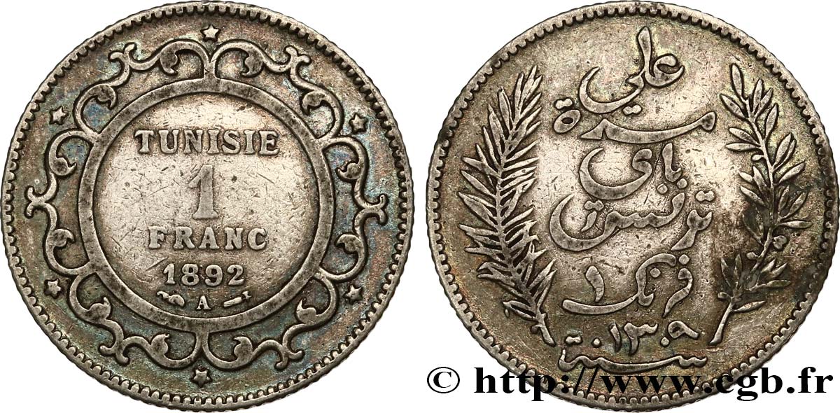 TUNISIA - French protectorate 1 Franc AH1309 1892 Paris XF 