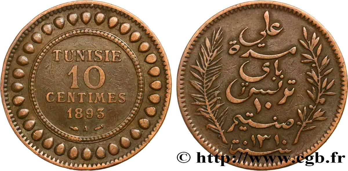 TUNISIA - French protectorate 10 Centimes AH1310 1893 Paris XF 