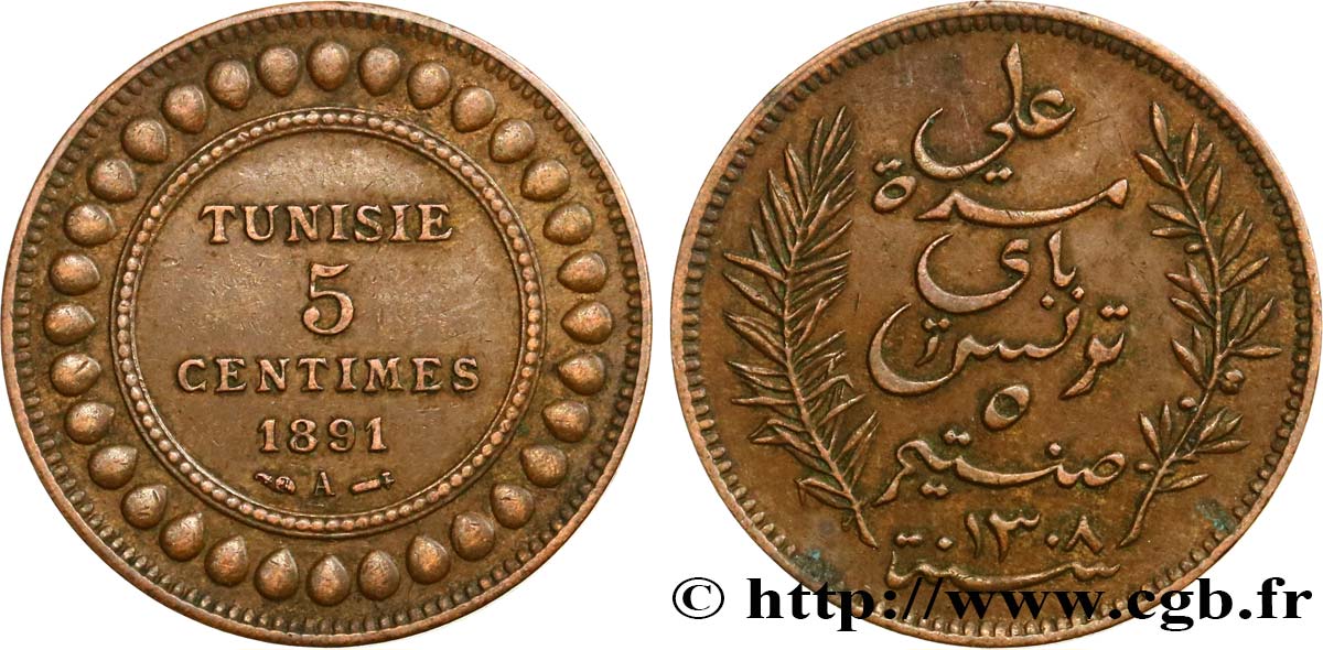 TUNEZ - Protectorado Frances 5 Centimes AH 1309 1891 Paris MBC 