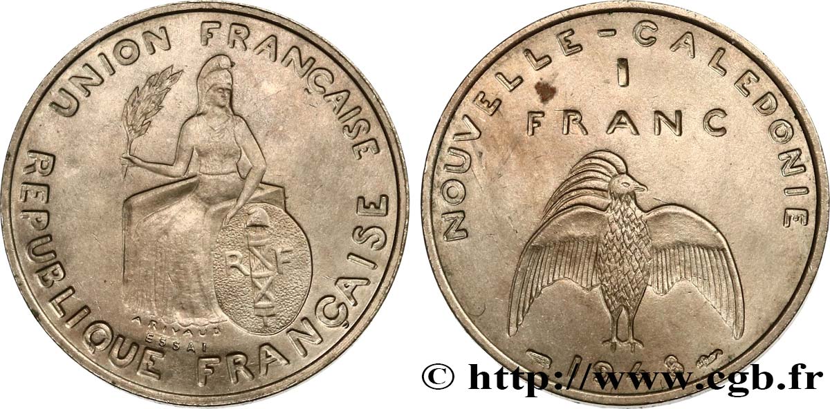 NOUVELLE CALÉDONIE Essai de 1 Franc avec listel en relief 1948 Paris SPL 