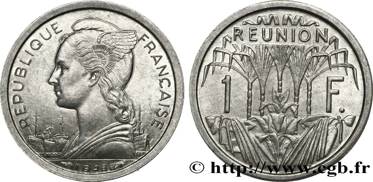 ÎLE DE LA RÉUNION 1 Franc Marianne / canne à sucre 1948 Paris SPL 