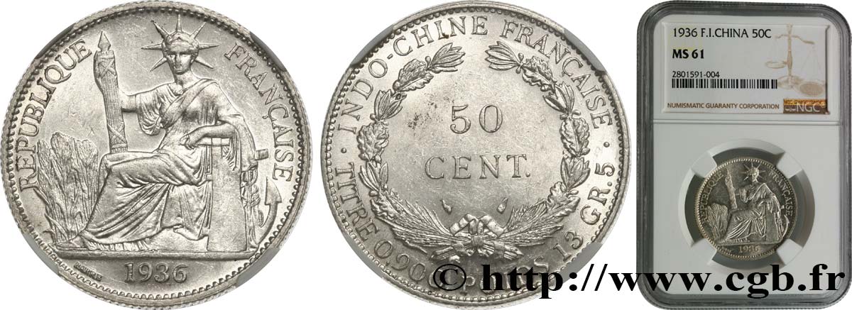 FRENCH INDOCHINA 50 Centièmes 1936 Paris MS61 NGC