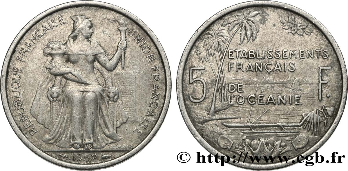 POLINESIA FRANCESE - Oceania Francese 5 Francs Établissements Français de l’Océanie 1952 Paris BB 