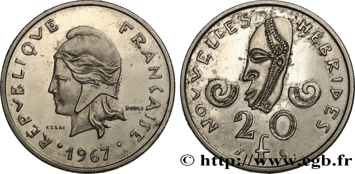 NEW HEBRIDES (VANUATU since 1980) Essai de 20 Francs Marianne / masque 1967 Paris AU 