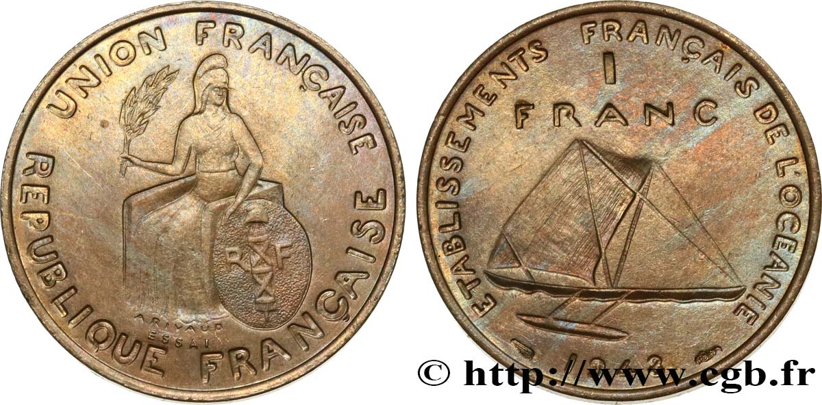 POLYNÉSIE FRANÇAISE - Océanie française 1 Essai de 1 Franc type au listel en relief 1948 Paris SPL 