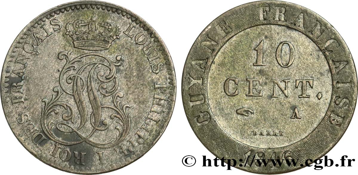 FRENCH GUYANA 10 Cent. (imes) monogramme de Louis-Philippe 1846 Paris XF 