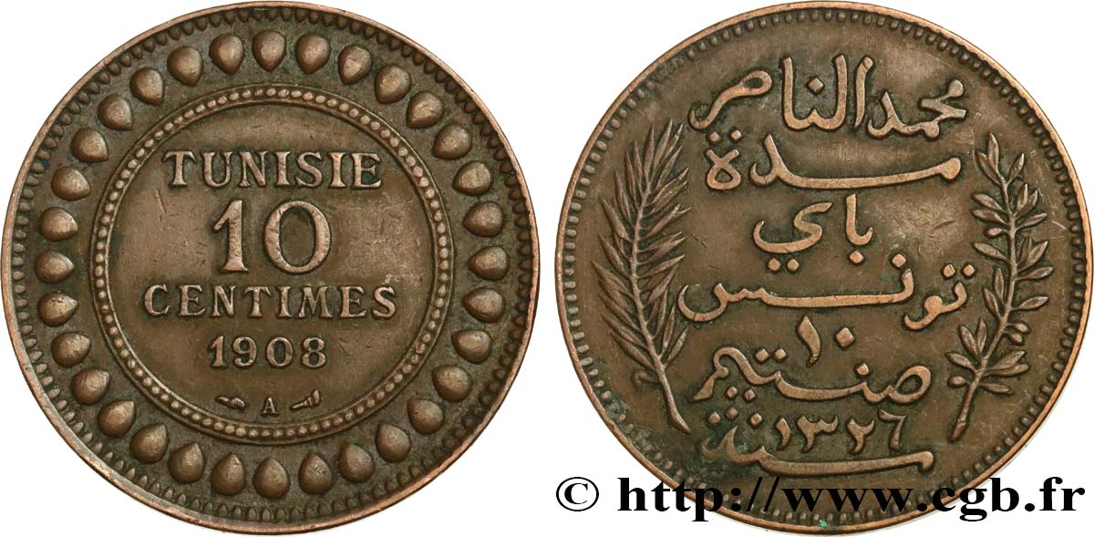 TUNISIA - French protectorate 10 Centimes AH1326 1908 Paris XF 