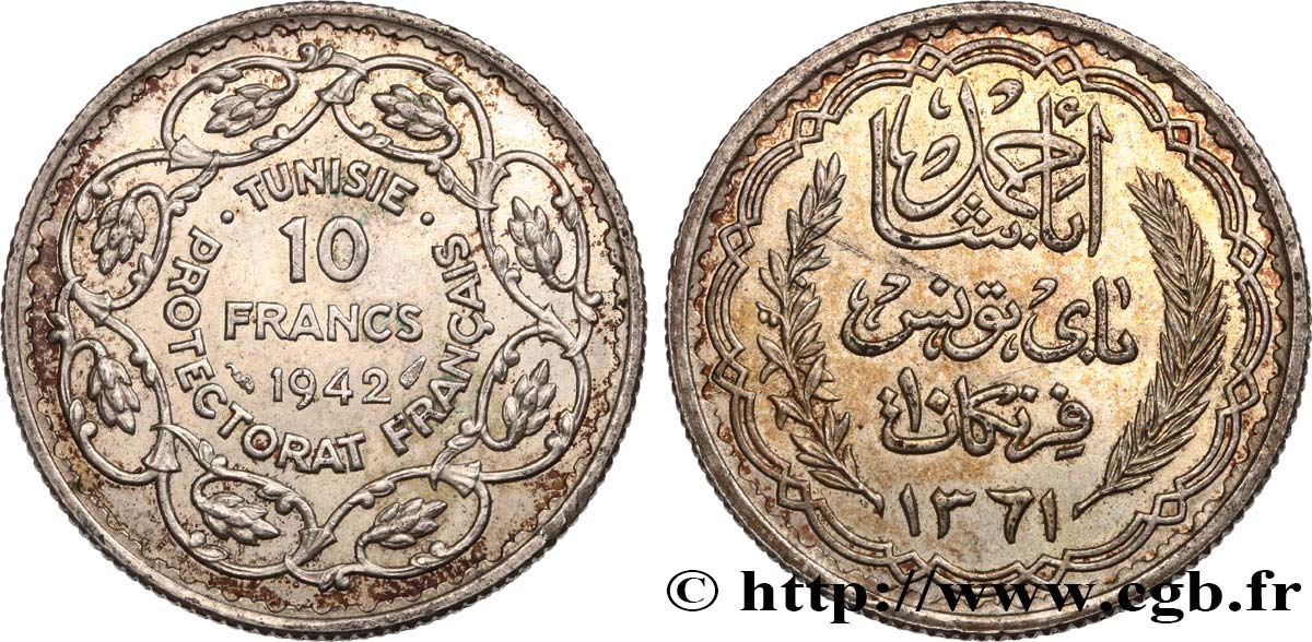 TUNISIA - Protettorato Francese 10 Francs au nom du Bey Ahmed an 1361 1942 Paris MS63 PCGS