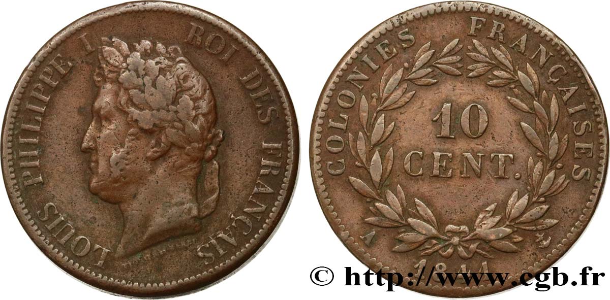 COLONIAS FRANCESAS - Louis-Philippe para Guadalupe 10 centimes 1841 Paris MBC 