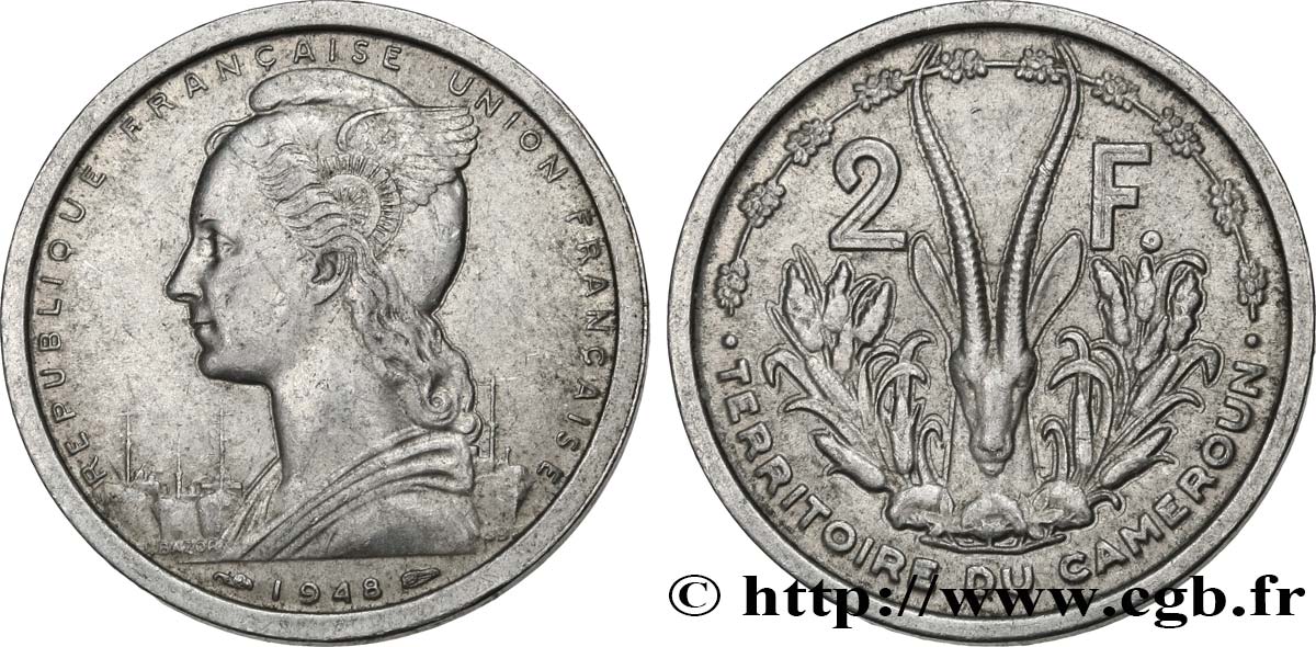 KAMERUN - FRANZÖSISCHE UNION 2 Francs Marianne / antilope 1948 Paris fVZ 