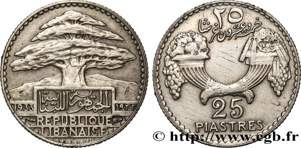 LEBANON - III REPUBLIC 25 Piastres Cèdre du Liban 1933 Paris XF 