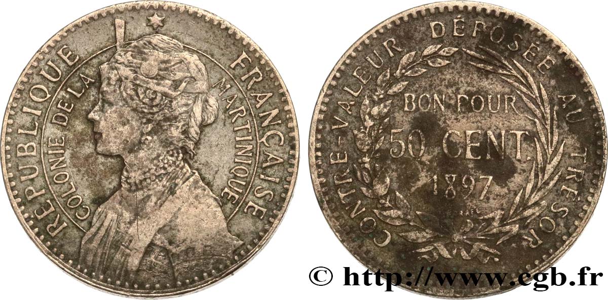 ÎLE DE LA MARTINIQUE Bon pour 50 Centimes Colonie de la Martinique 1897 sans atelier TB 