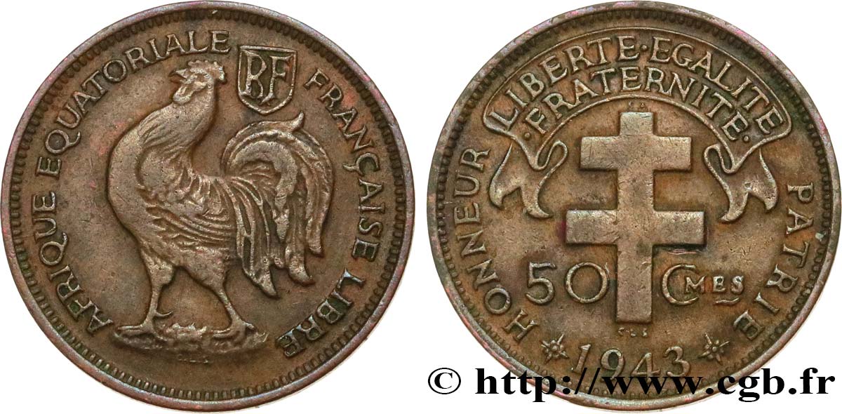 AFRICA EQUATORIALE FRANCESE - Forze Francesi Liberi 50 Centimes 1943 Prétoria BB 