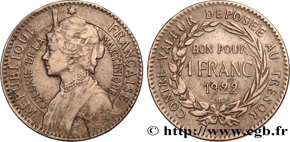 MARTINIQUE 1 Franc 1922 sans atelier fSS 