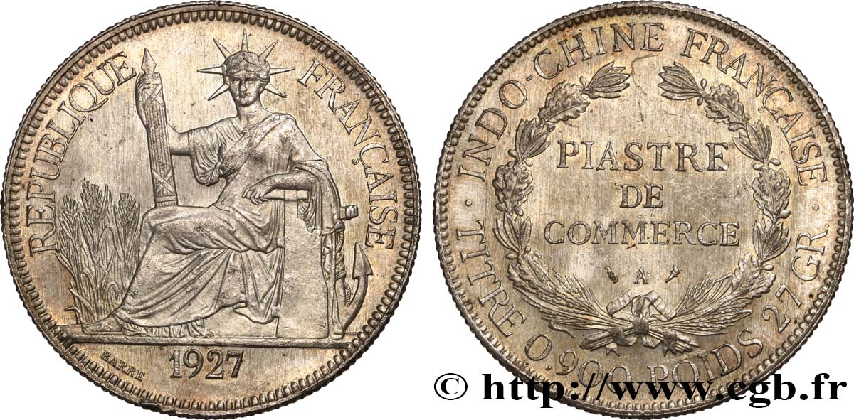 INDOCHINE FRANÇAISE 1 Piastre de Commerce 1927 Paris SPL/SPL 