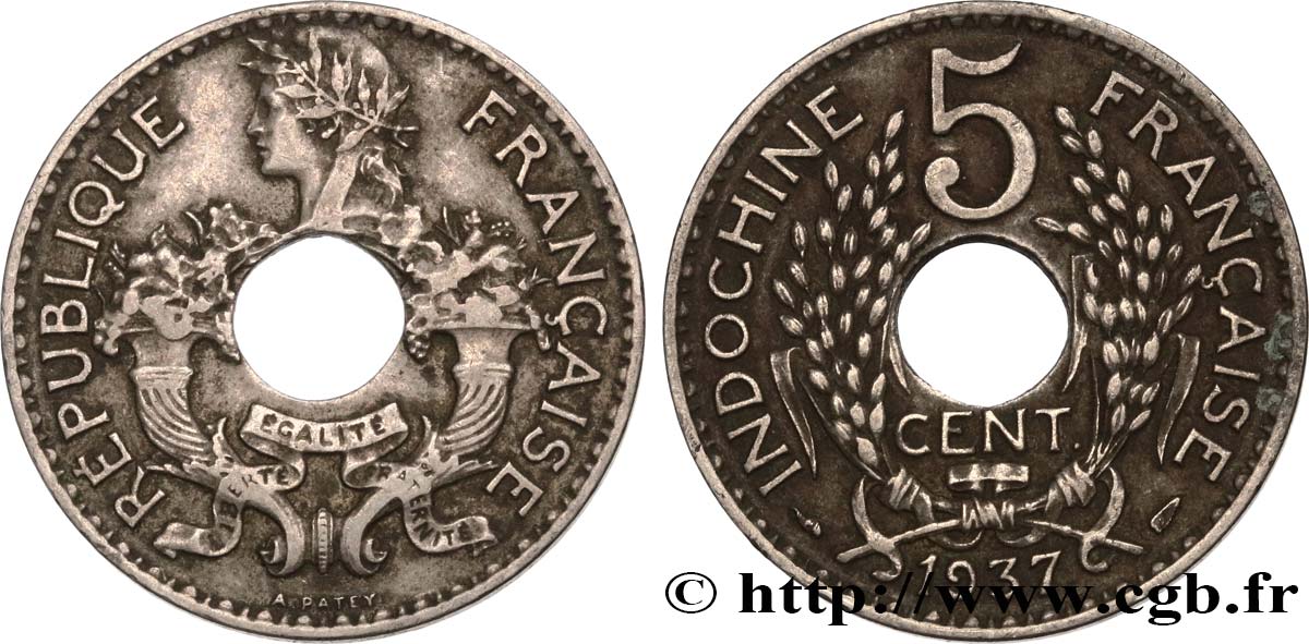 FRENCH INDOCHINA 5 Centièmes 1937 Paris XF 