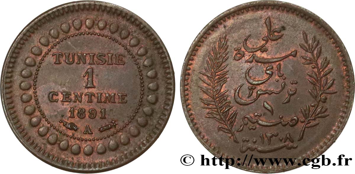 TUNISIA - French protectorate 1 Centime AH1308 1891 Paris AU 