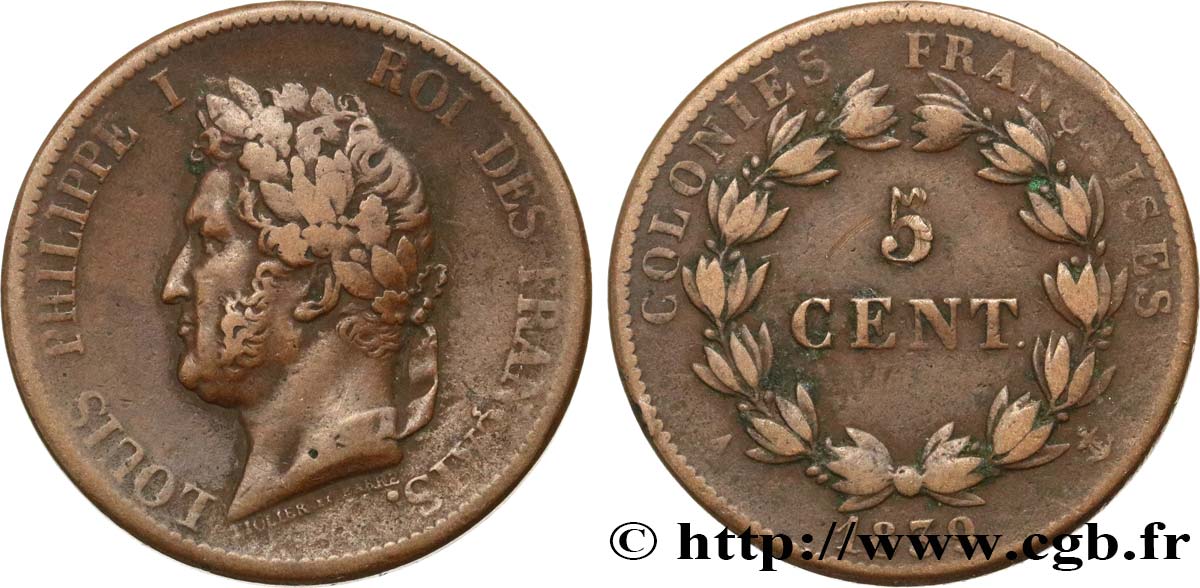 COLONIE FRANCESI - Luigi Filippo, per Guadalupa 5 Centimes Louis Philippe Ier 1839 Paris - A q.BB 