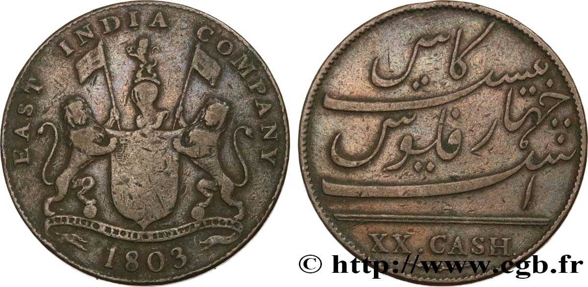ISOLA DE FRANCIA (MAURITIUS) XX (20) Cash East India Company 1803 Madras MB 