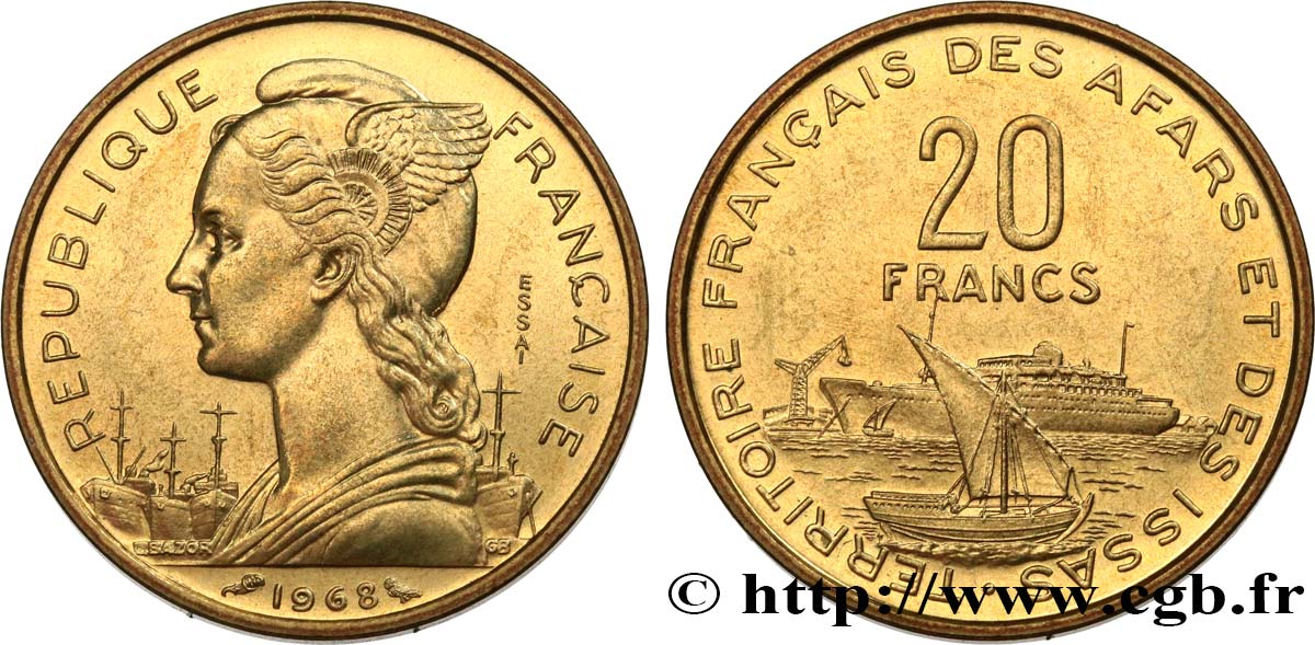 DJIBOUTI - Territoire français des AFARS et des ISSAS Essai de 20 Francs Marianne / port 1968 Paris SPL 