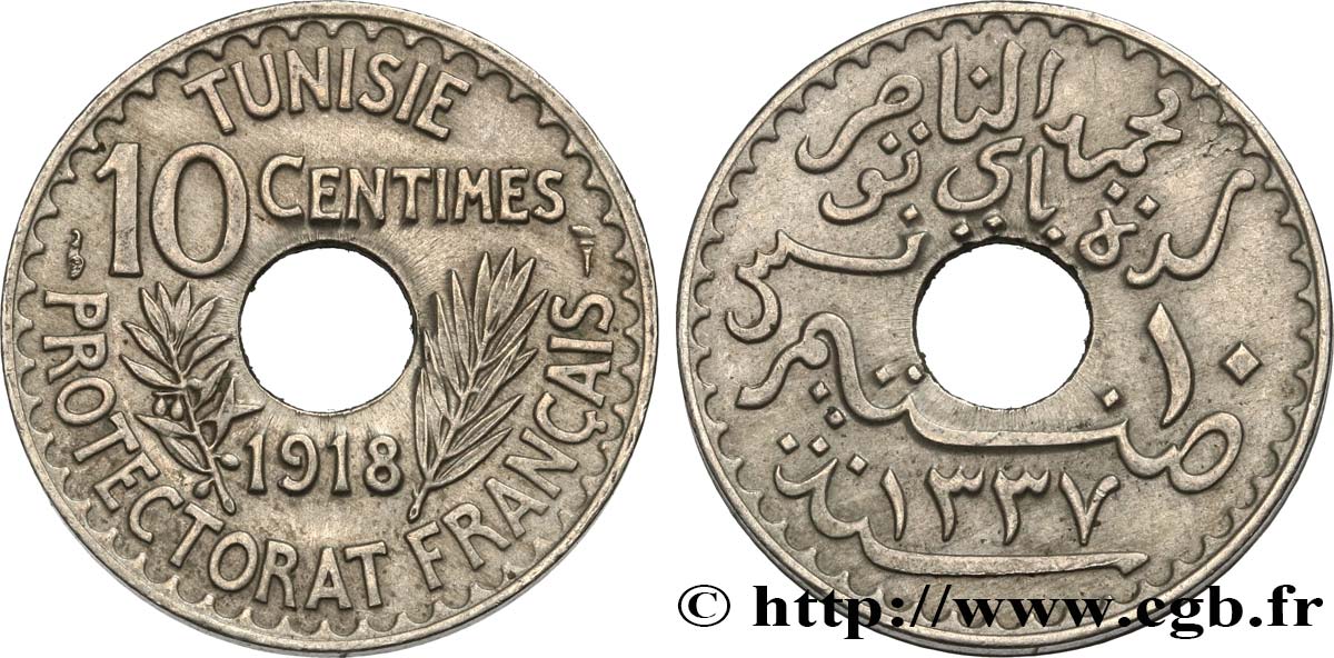 TUNISIA - French protectorate 10 Centimes AH 1337 1918 Paris AU 