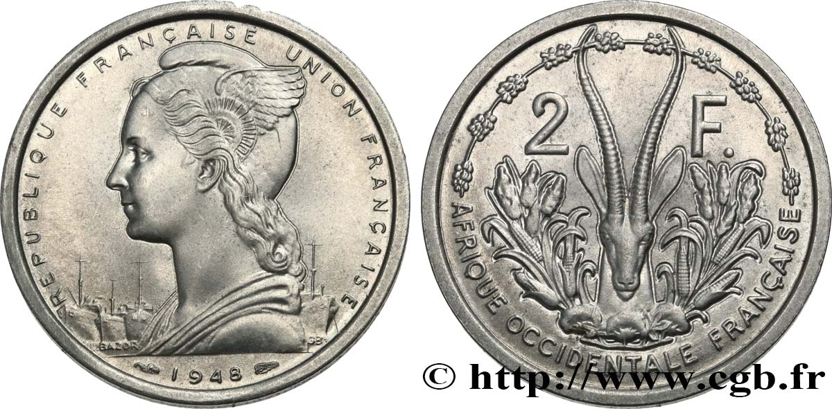FRENCH EQUATORIAL AFRICA - FRENCH UNION / UNION FRANÇAISE 2 Francs 1948 Paris MS 