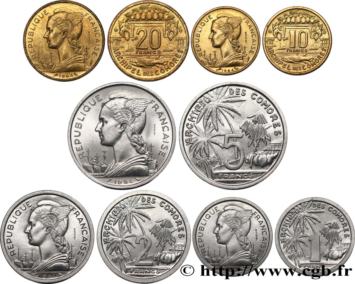 COMORES - Archipel Lot d’essais de 1, 2, 5, 10 et 20 francs 1964 Paris FDC 